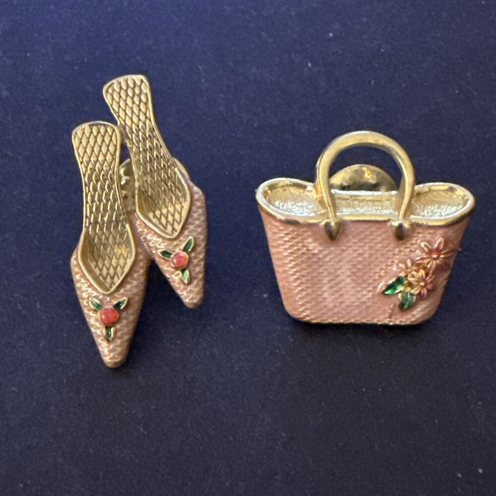 Vintage Avon Pink Enamel High Heel Shoes Handbag Brooch Pin Lot of 2